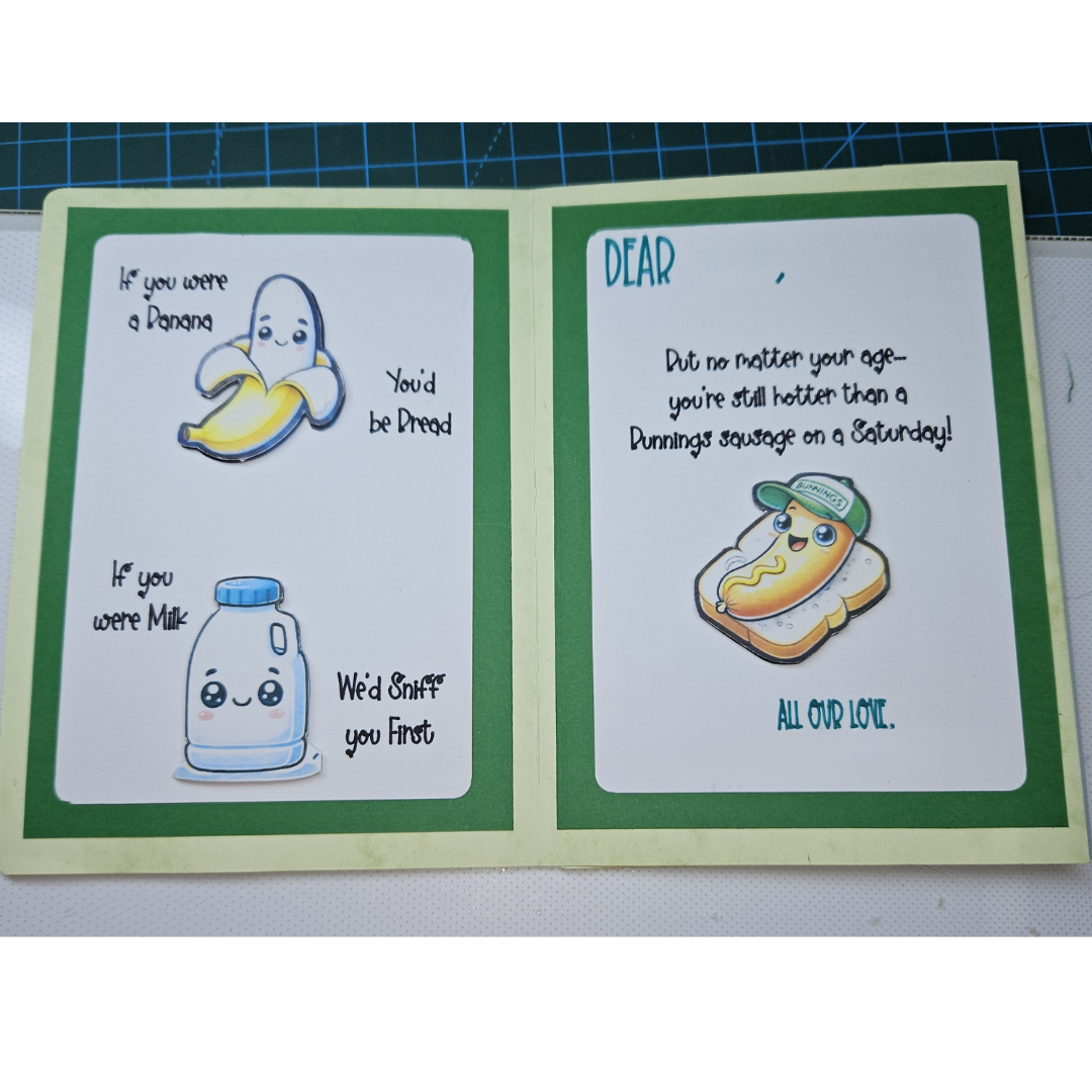 Funny Aussie Birthday Card – Bourbon, Bananas & Bunnings Sausage Gag