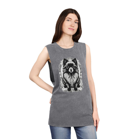 Pommy Paradise: Unisex Stonewash Tank Top for Pomeranian Pals Printify