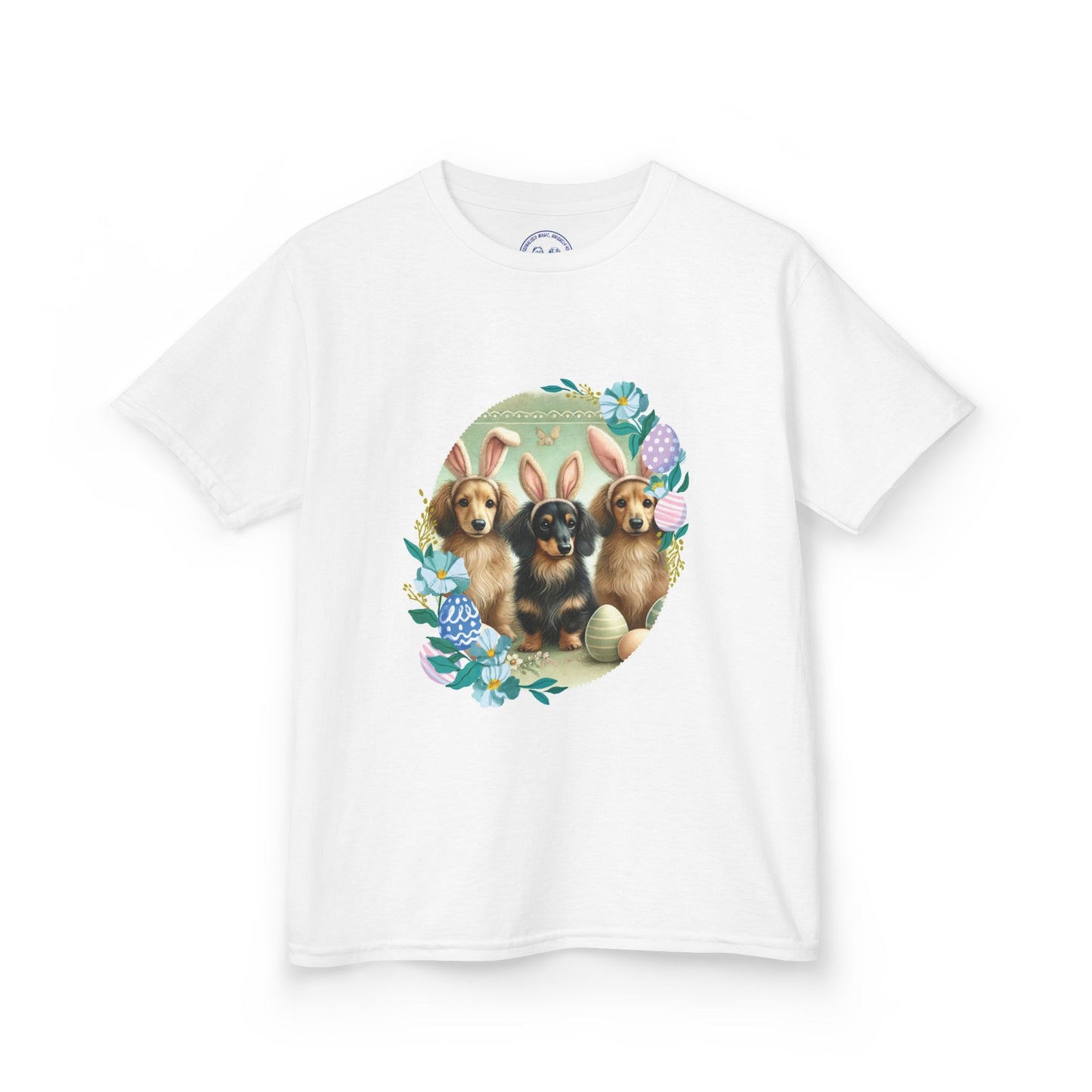 Easter Bunny Dax Kids Tee – Cute Longhaired Dachshunds with Bunny Ears | Heavy Cotton T-Shirt for Spring Celebrations