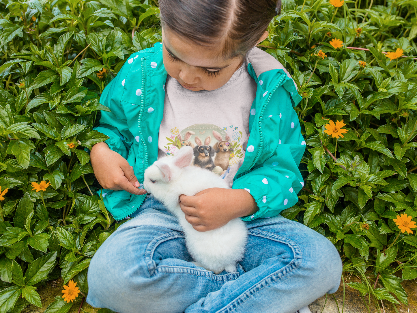 Easter Bunny Dax Kids Tee – Cute Longhaired Dachshunds with Bunny Ears | Heavy Cotton T-Shirt for Spring Celebrations